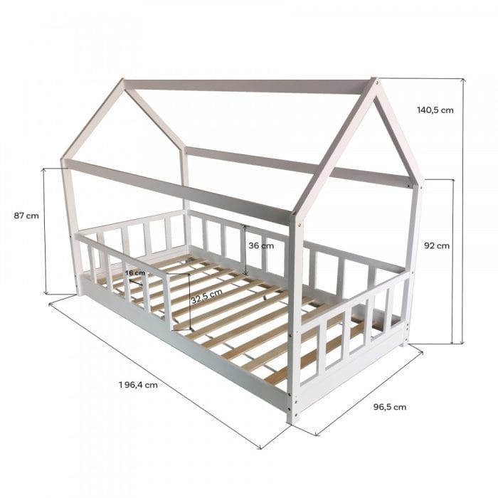cabane lit 90x190 avec barrière blanc