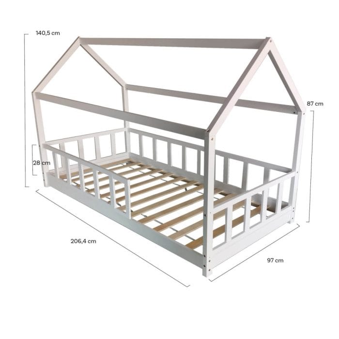 cabane lit 90x200 avec barrière blanc