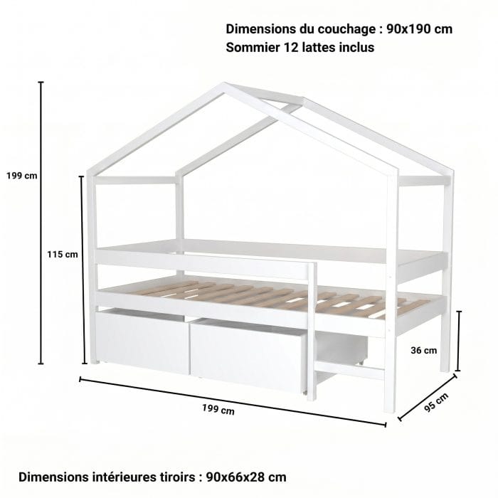 cabane lit avec rangement 90x190 blanc