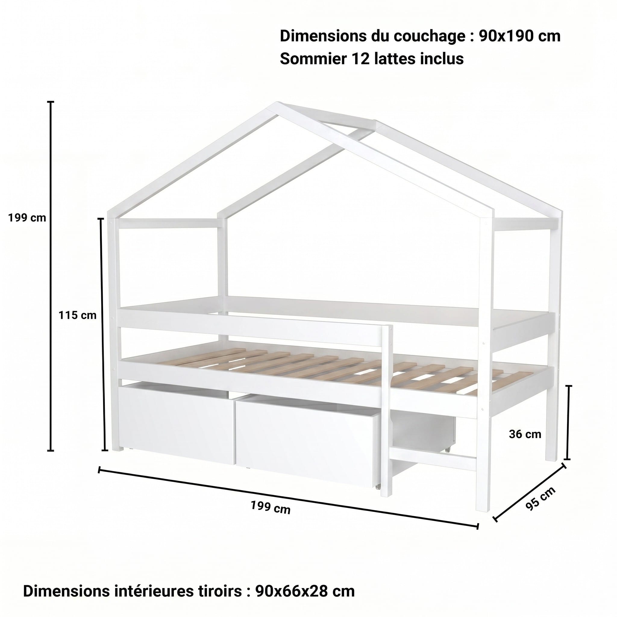 cabane lit avec rangement 90x190 blanc