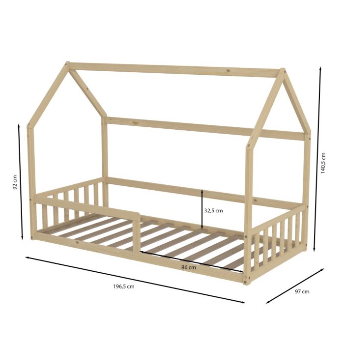 cabane lit enfant au sol avec barrière 90x190