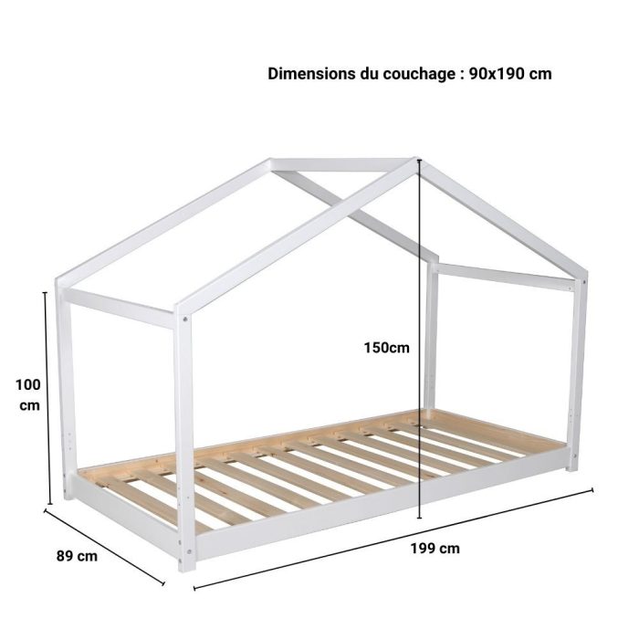 cabane lit enfant au sol blanc 90x190