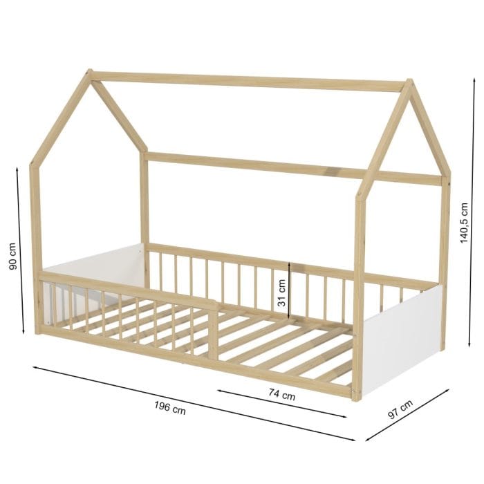 cabane lit enfant bois et blanc 90x190