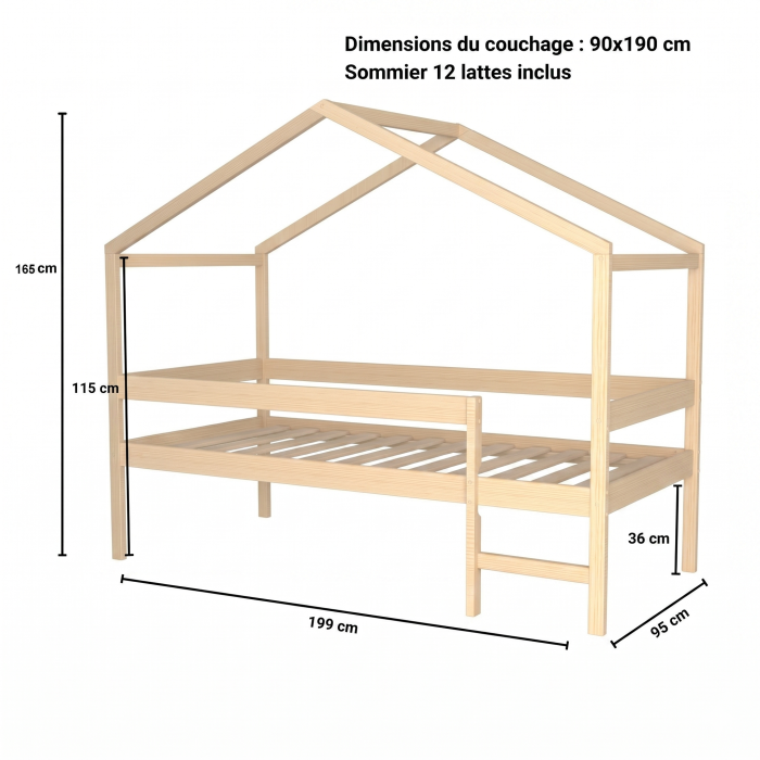 cabane lit surélevé 90x190