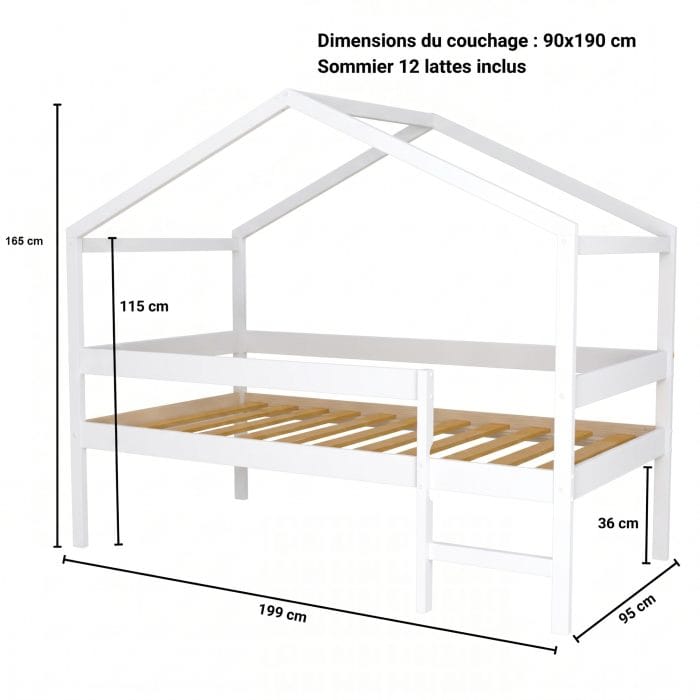 cabane lit surélevé 90x190 blanc