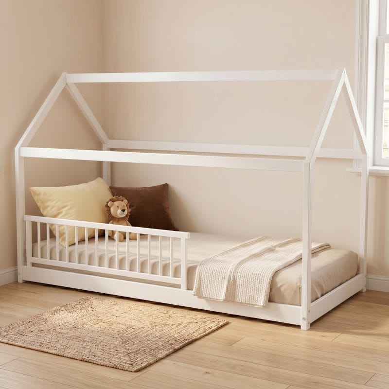 lit cabane 90x190 avec barrière amovible blanc
