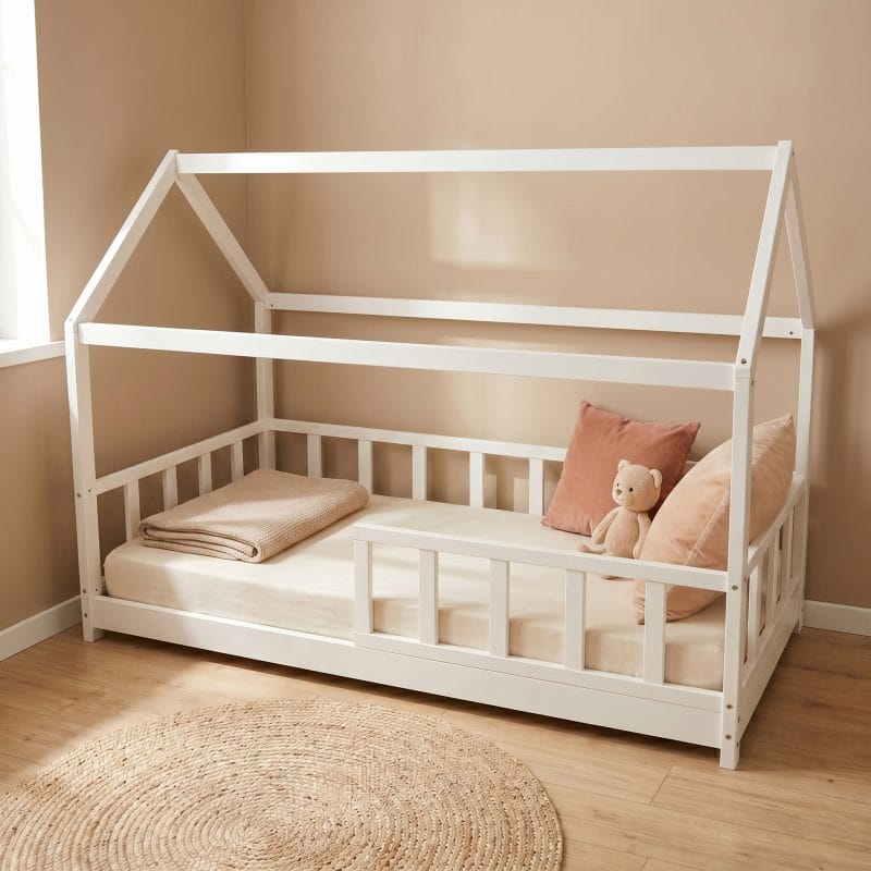 lit cabane 90x190 avec barrière blanc