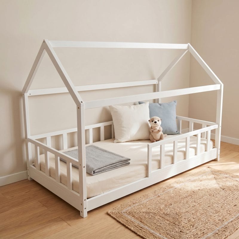 lit cabane 90x200 avec barrière blanc