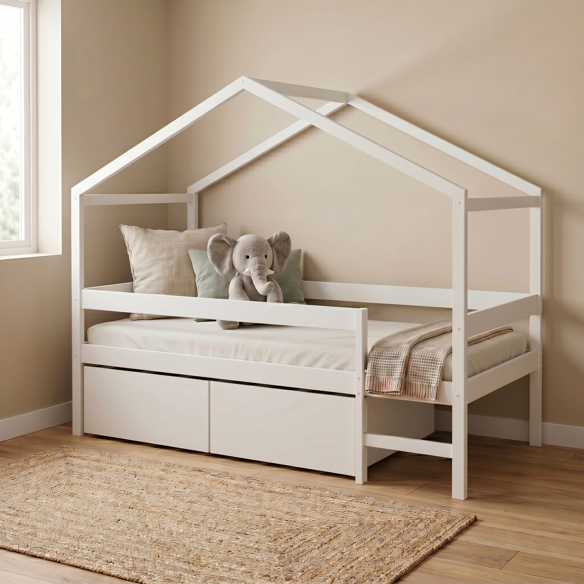 lit cabane 90×190 avec rangement blanc