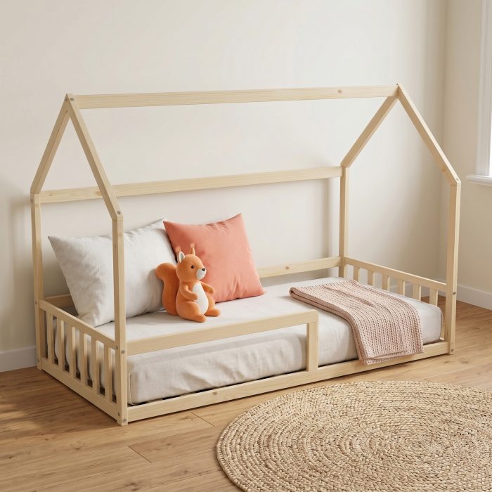 lit cabane au sol avec barrière 90x190