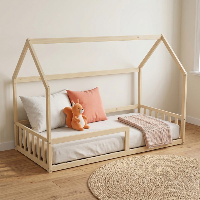 lit cabane au sol avec barrière 90x190