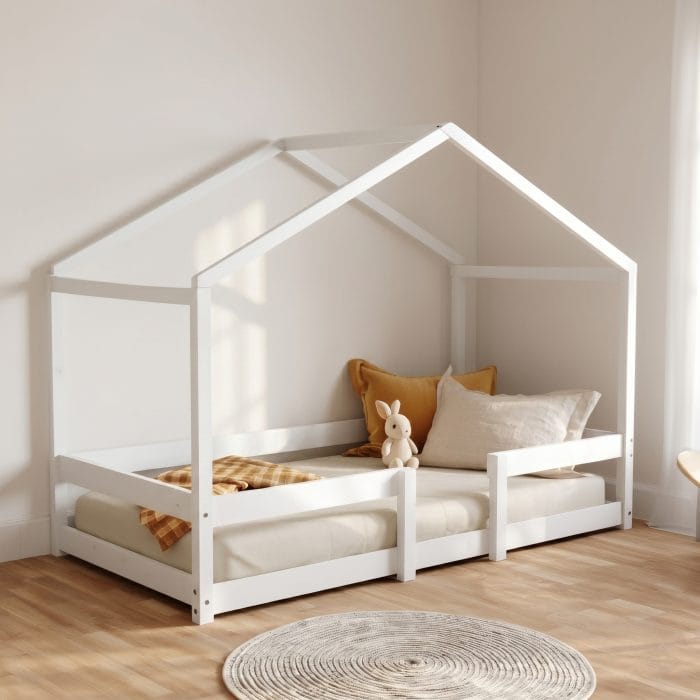 lit cabane bas avec barrière 90x190 blanc