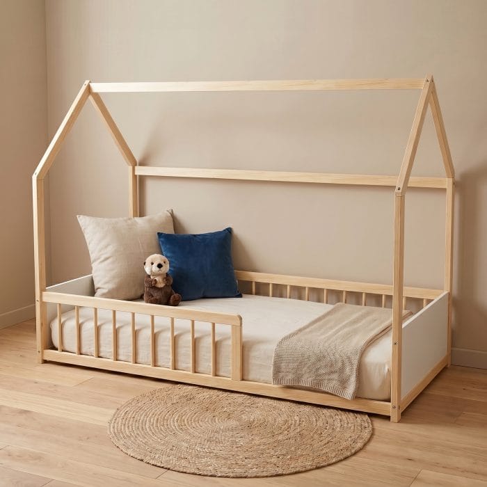 lit cabane bois et blanc 90x190