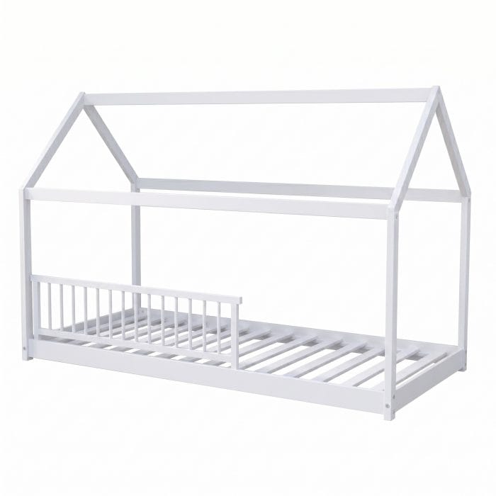 lit cabane enfant 90x190 avec barrière amovible blanc