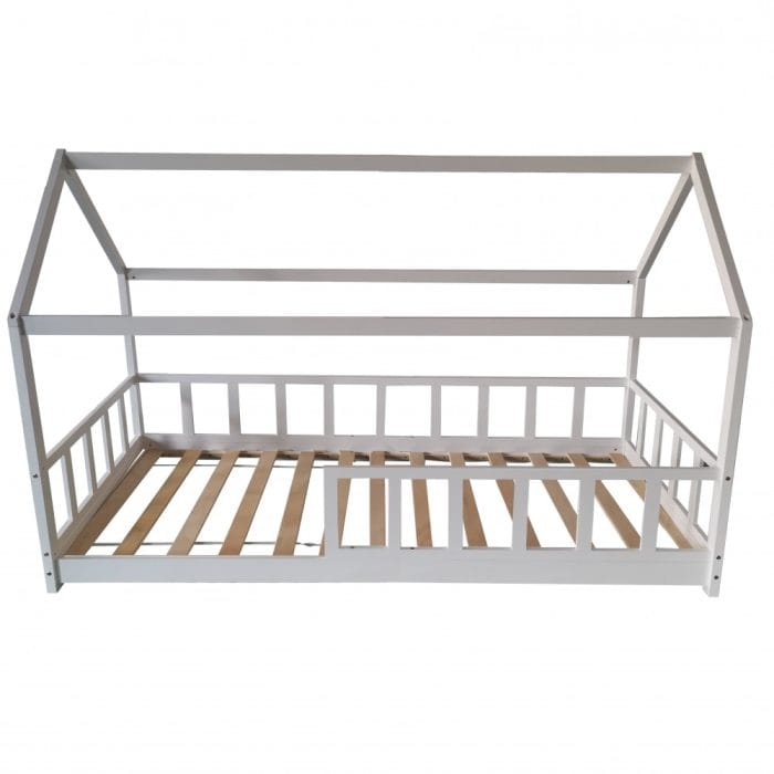 lit cabane enfant 90x200 avec barrière blanc