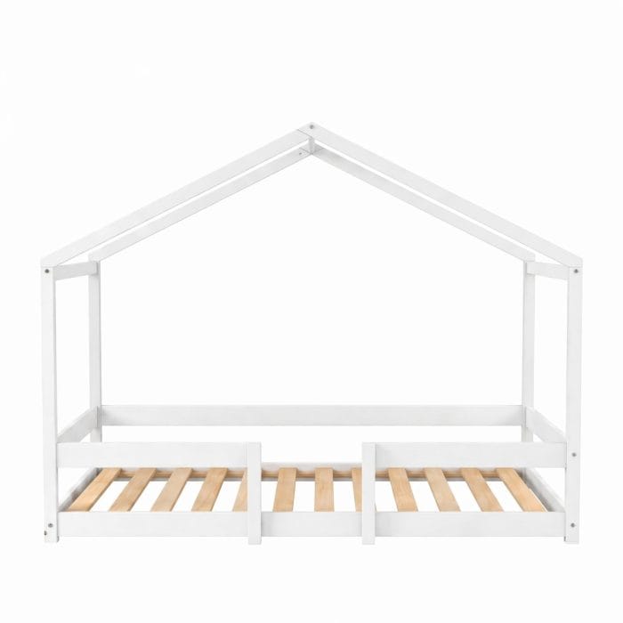lit cabane enfant bas avec barrière 90x190 blanc