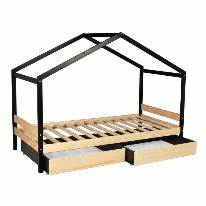 lit cabane enfant noir et bois 90x190