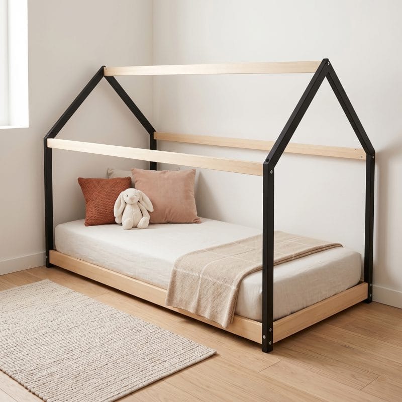 lit cabane montessori 90x190 noir et bois